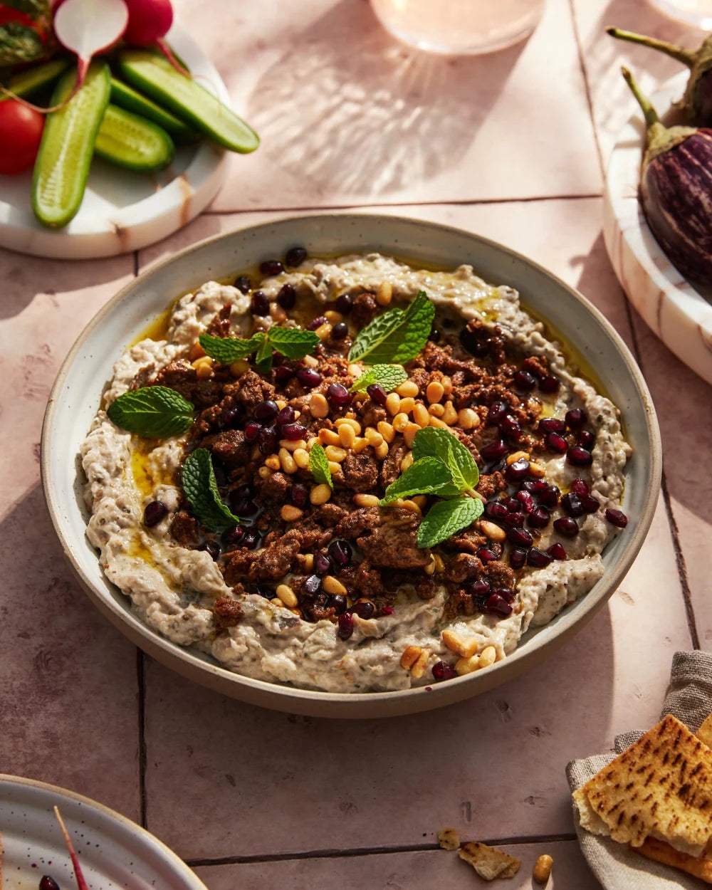 Bowl of baba ganoush topped with spiced meat, pine nuts, pomegranate seeds, and mint leaves