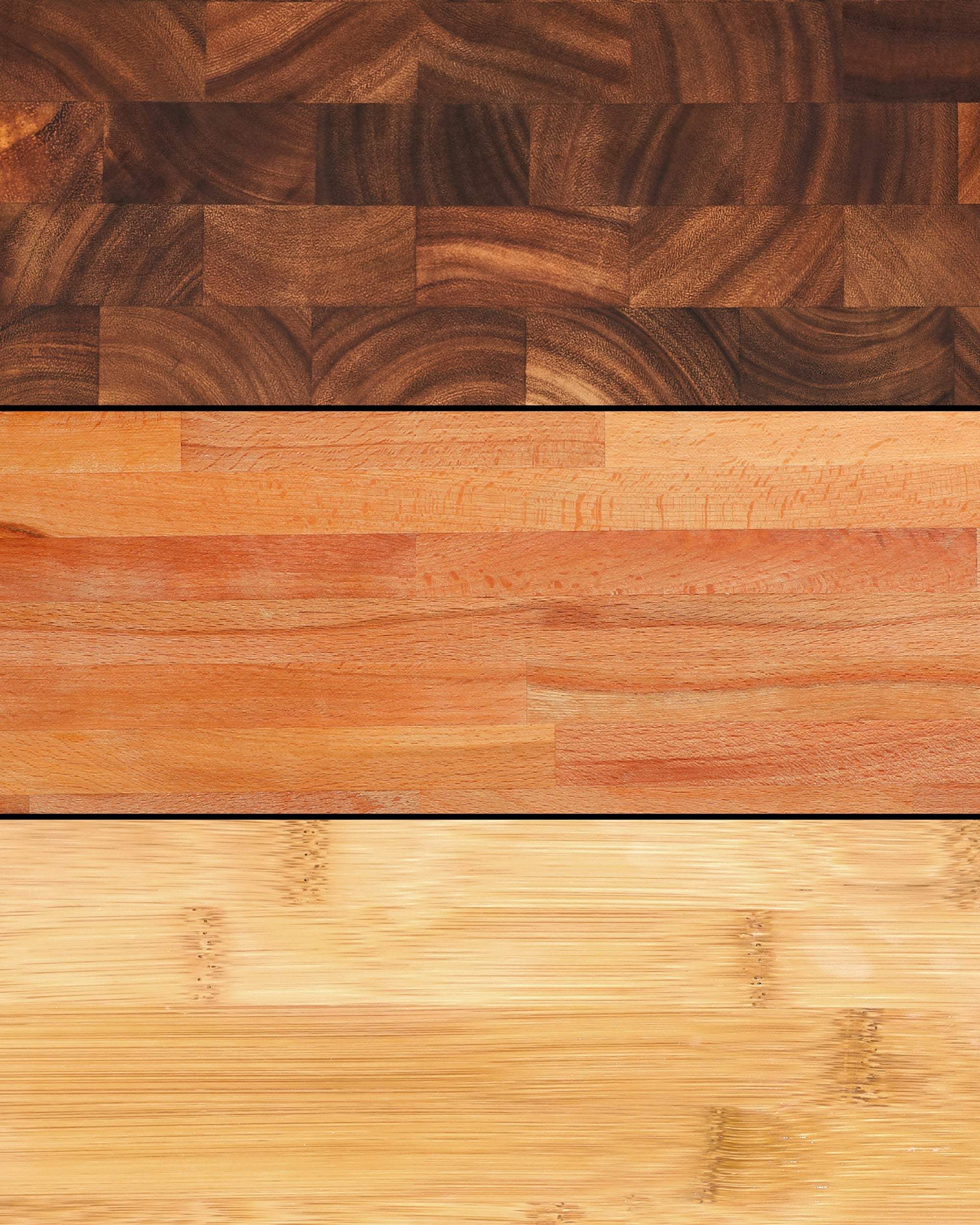 Three types of wood cutting board surfaces in stacked layout, showcasing grain patterns.