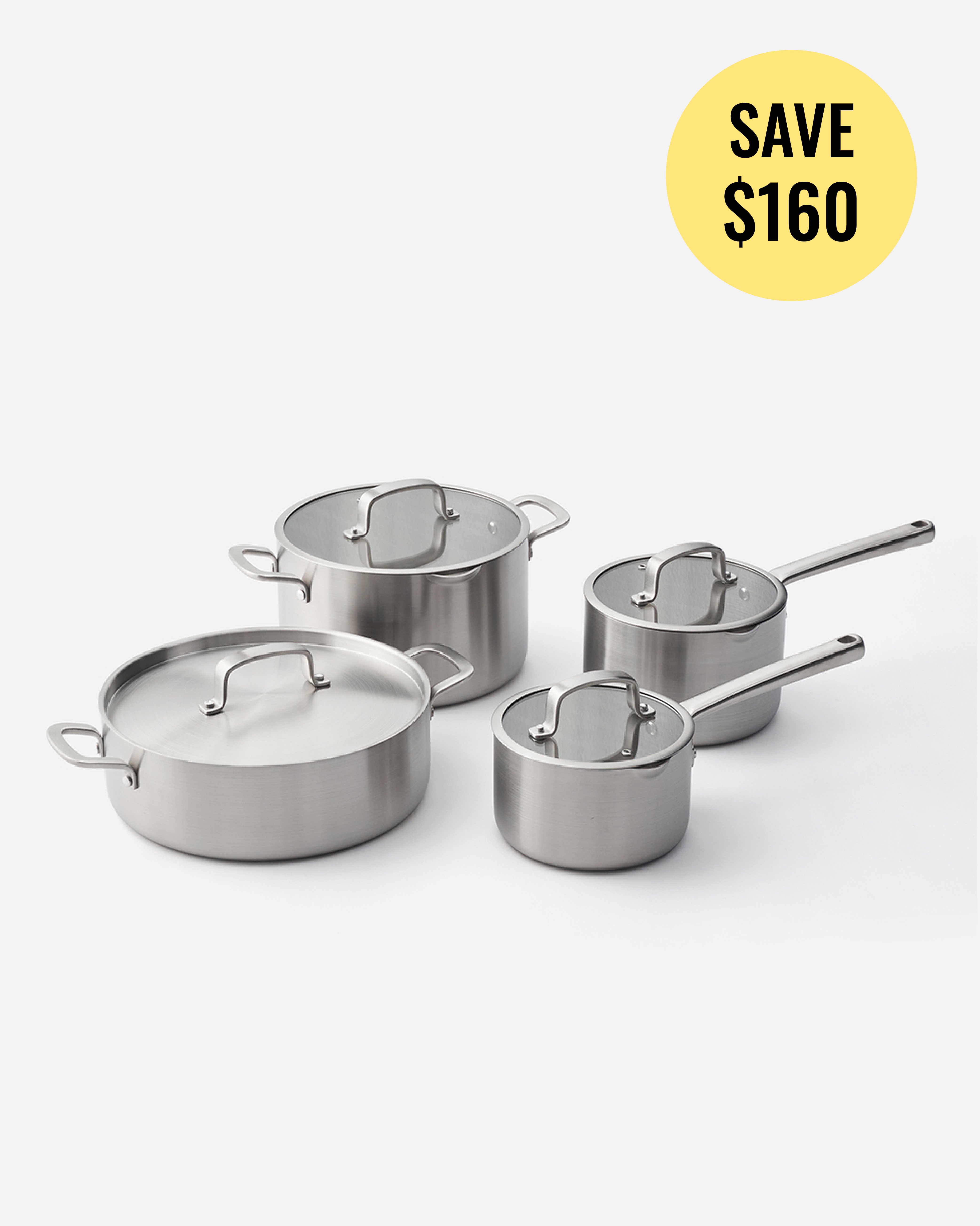Four stainless steel saucepans with lids in different sizes, arranged on a light gray background with a yellow circular badge in the top right that reads 'SAVE $160'.