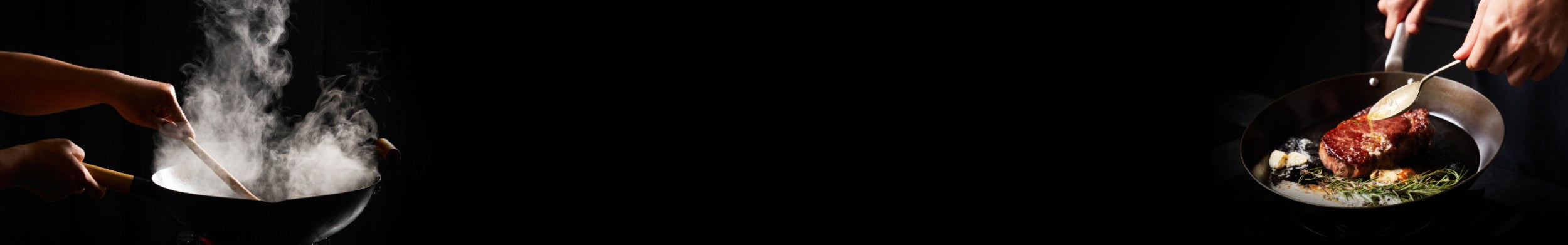 MAKO Wok and Steak pan with food being cooked on a black background