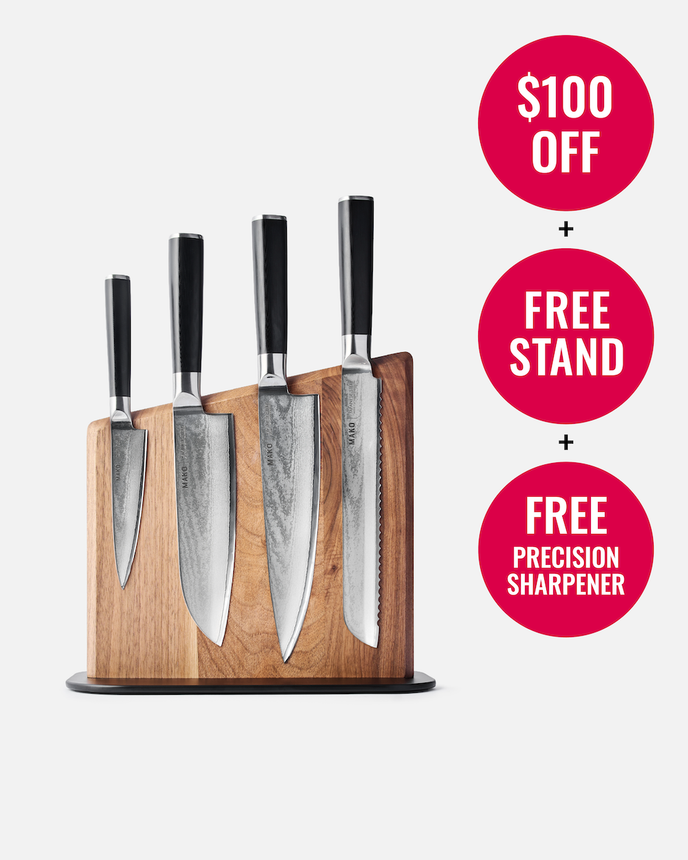 MAKO Japanese Steel Knife Set of 4 - Black Magnetic Stand $100 off Free Stand Free Precision Sharpener