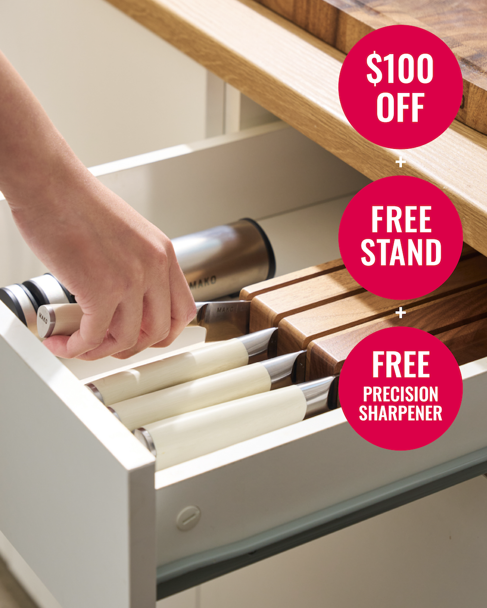 MAKO Japanese Steel Knife Set of 4 - Cream In Drawer $100 off Free Stand Free Precision Sharpener