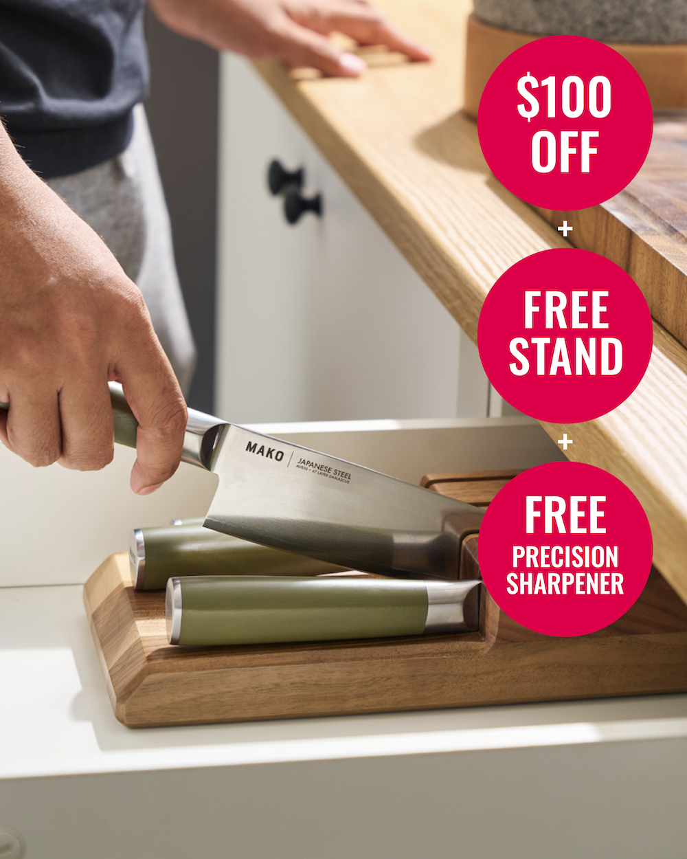 MAKO Japanese Steel Knife Set of 4 - Olive Green In Drawer $100 off Free Stand Free Precision Sharpener
