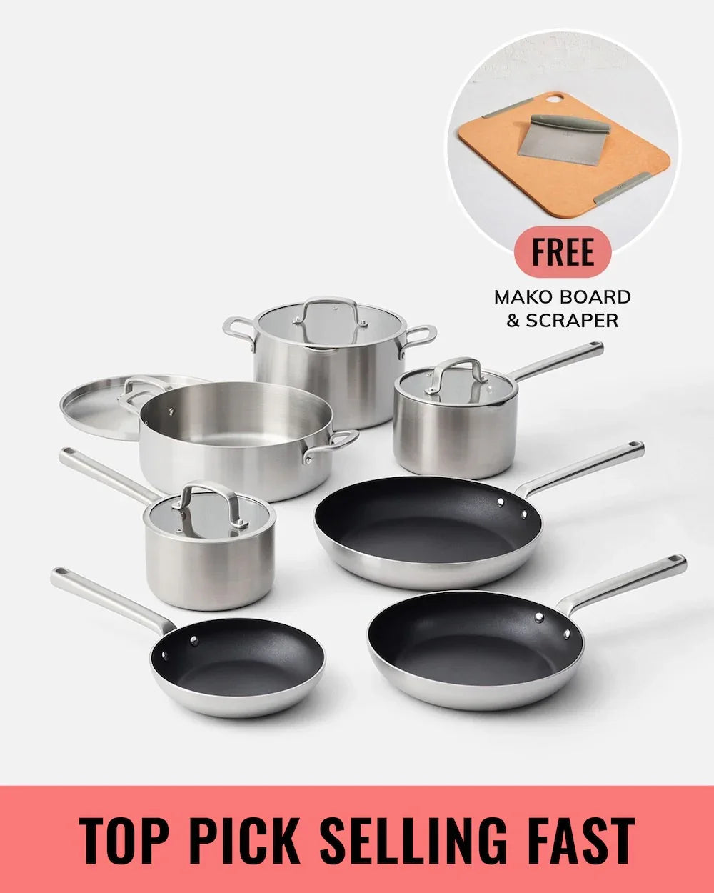 Stainless steel cookware set with non-stick frying pans and covered pots, free Mako board and scraper