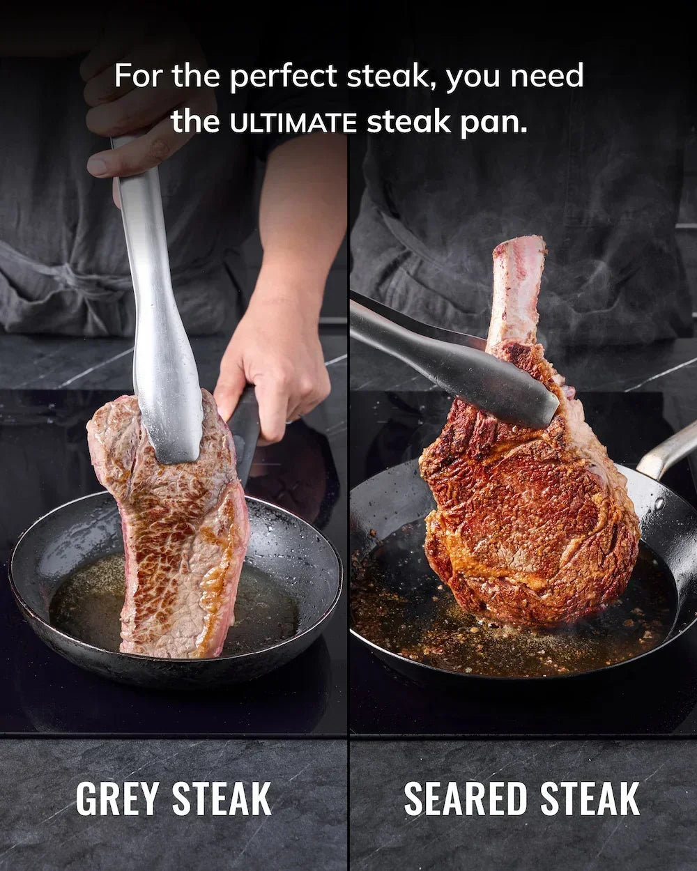 Comparison of grey steak and seared steak cooked in a black frying pan with tongs, showcasing perfect steak cooking