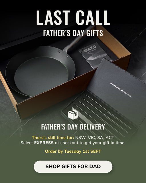 Promotional graphic for Father's Day gifts featuring a boxed cookware set, including a dark non-stick pan and a black gift box, with text reading 'LAST CALL FATHER'S DAY GIFTS' and 'FATHER'S DAY DELIVERY'.