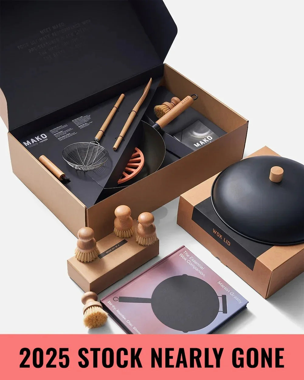 Mako 3-piece wok set by Marion Grasby with wooden brushes, wok lid, and recipe book in packaging