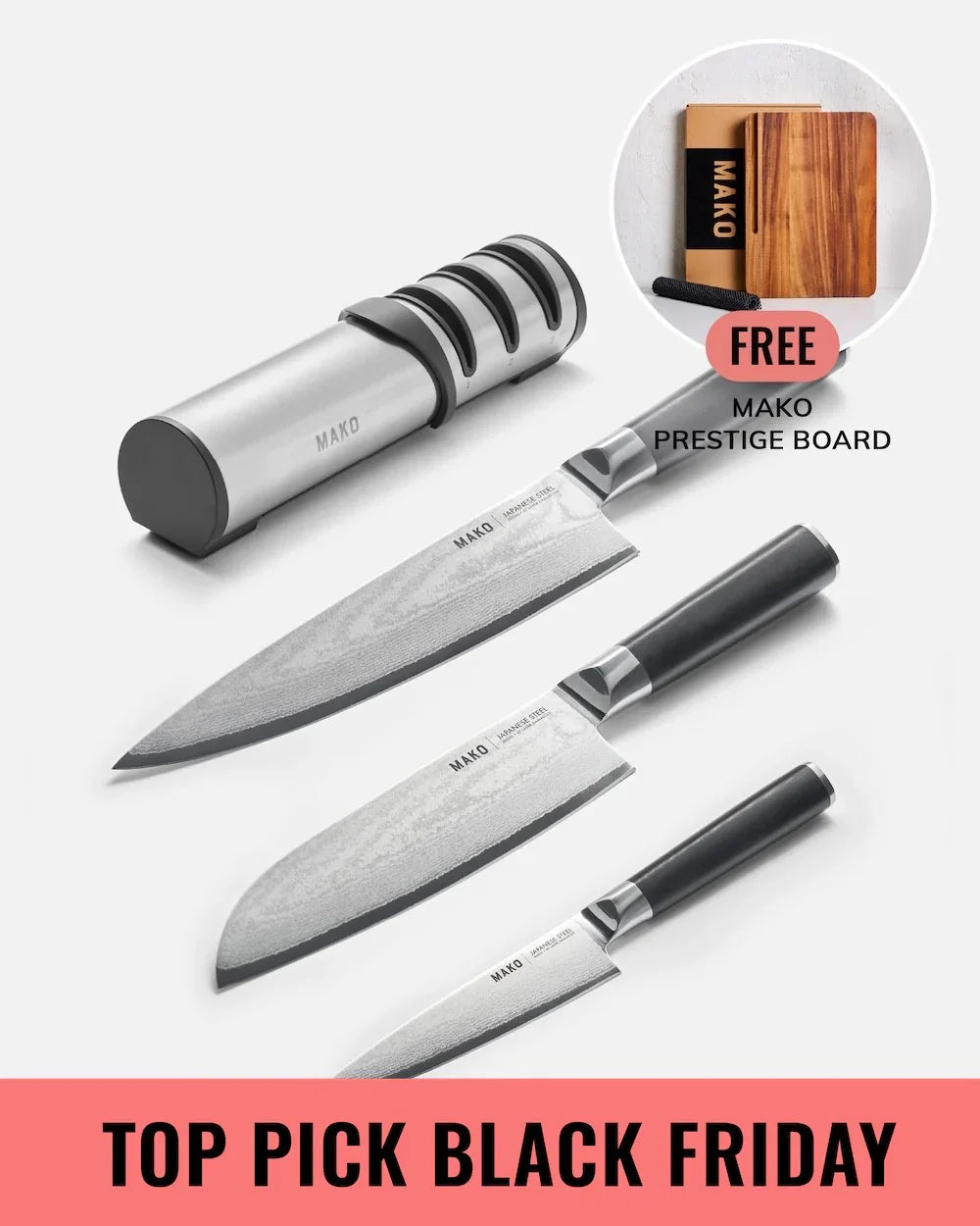 Mako Japanese steel kitchen knives set with sharpener and free Prestige wooden board in Black Friday offer