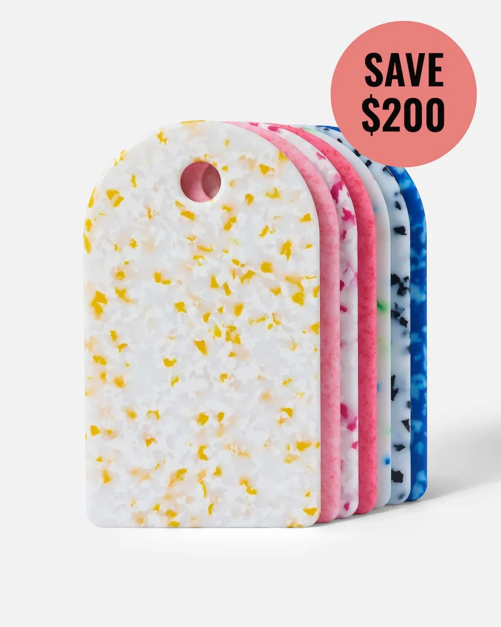 Set of six colorful terrazzo cutting boards with round handle hole and Save $200 tag