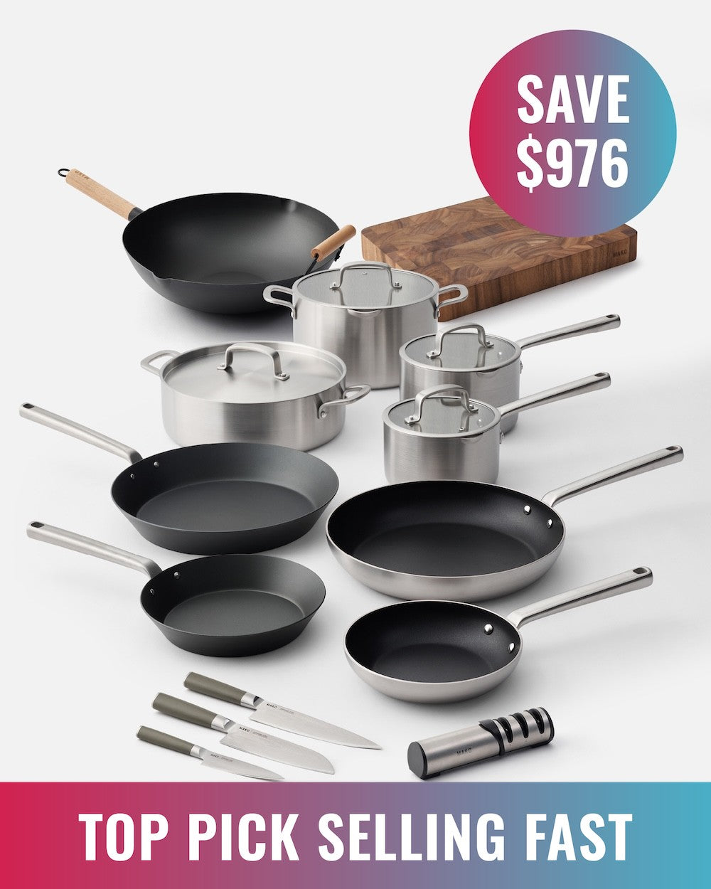 MAKO Ultimate Kitchen Upgrade Olive Set (14 Piece Set) scatter on white background with BF messaging