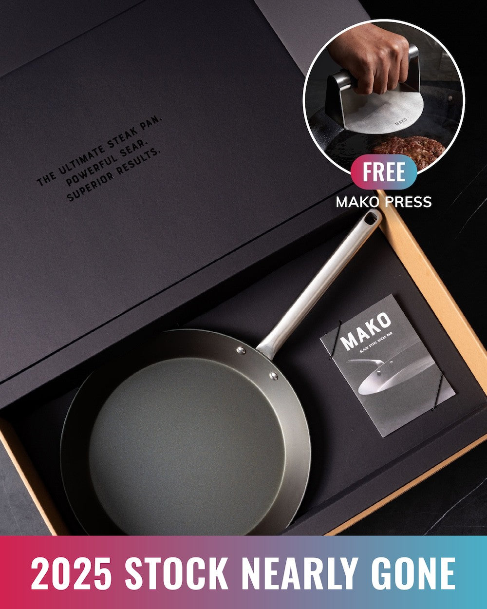 MAKO Black Steel Steak Pan - CookDineHost with meat free press - featured in box