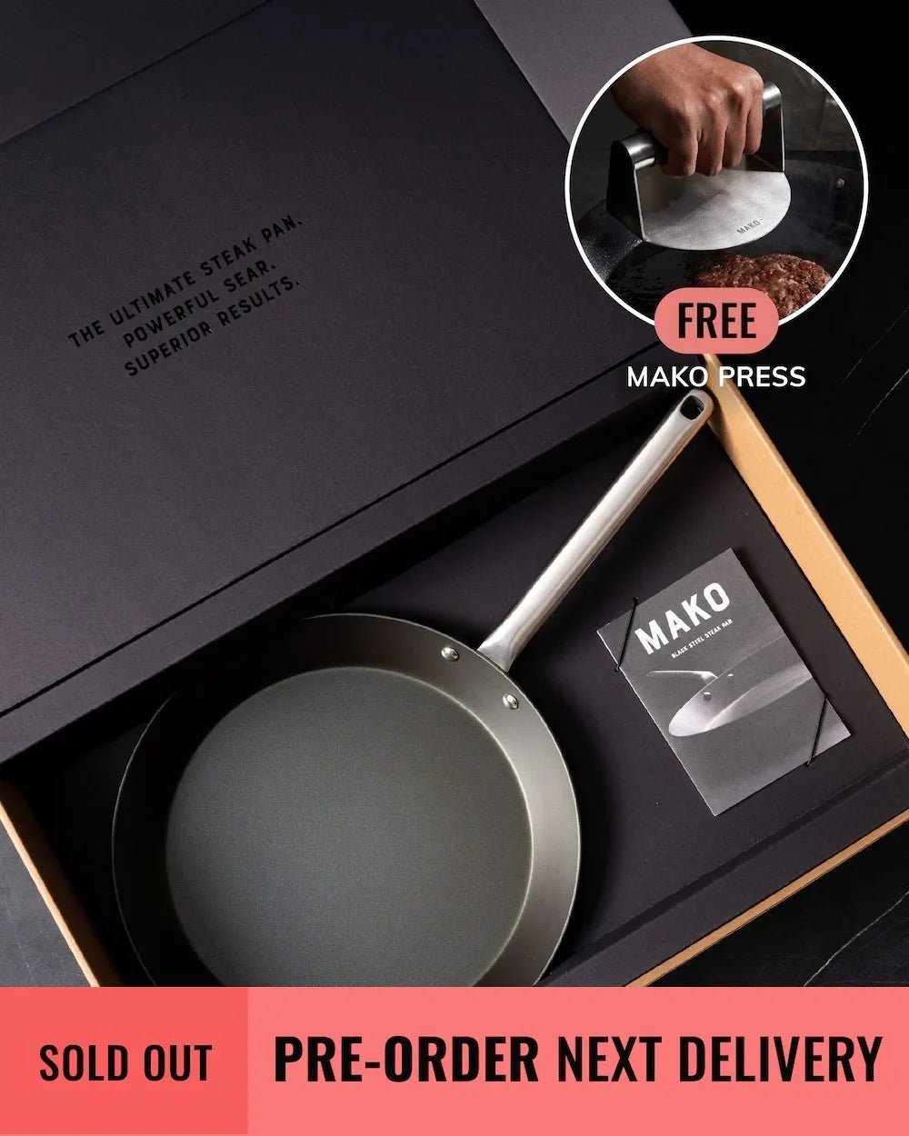 Mako black steel steak pan with stainless steel handle in gift box and free Mako press offer