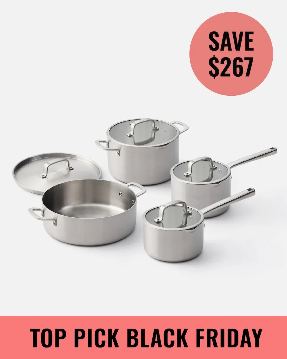 Stainless steel cookware set with lids, including pots and pans, Black Friday sale save $267