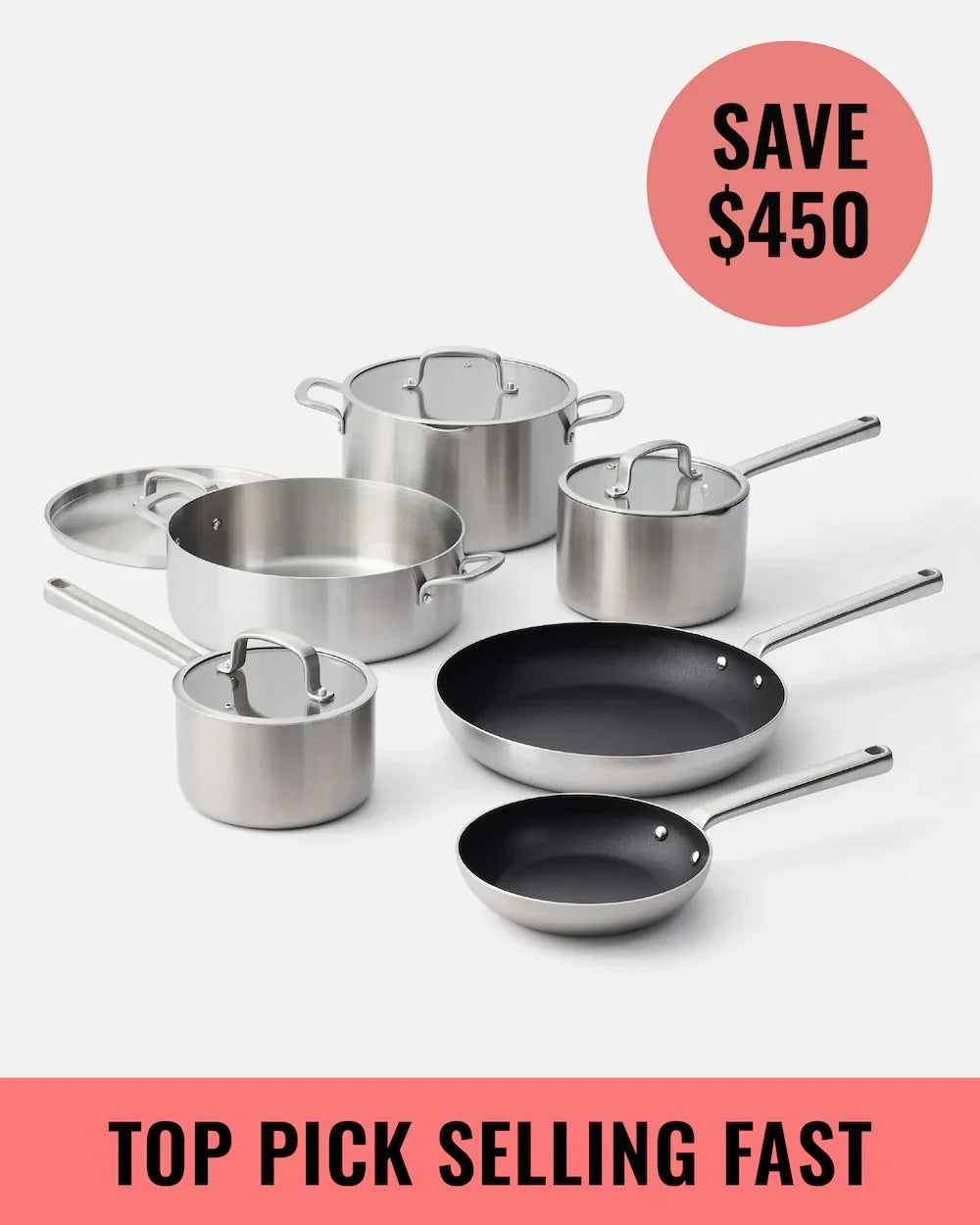 stainless steel cookware set with pots, pans, and lids on white background and discount offer
