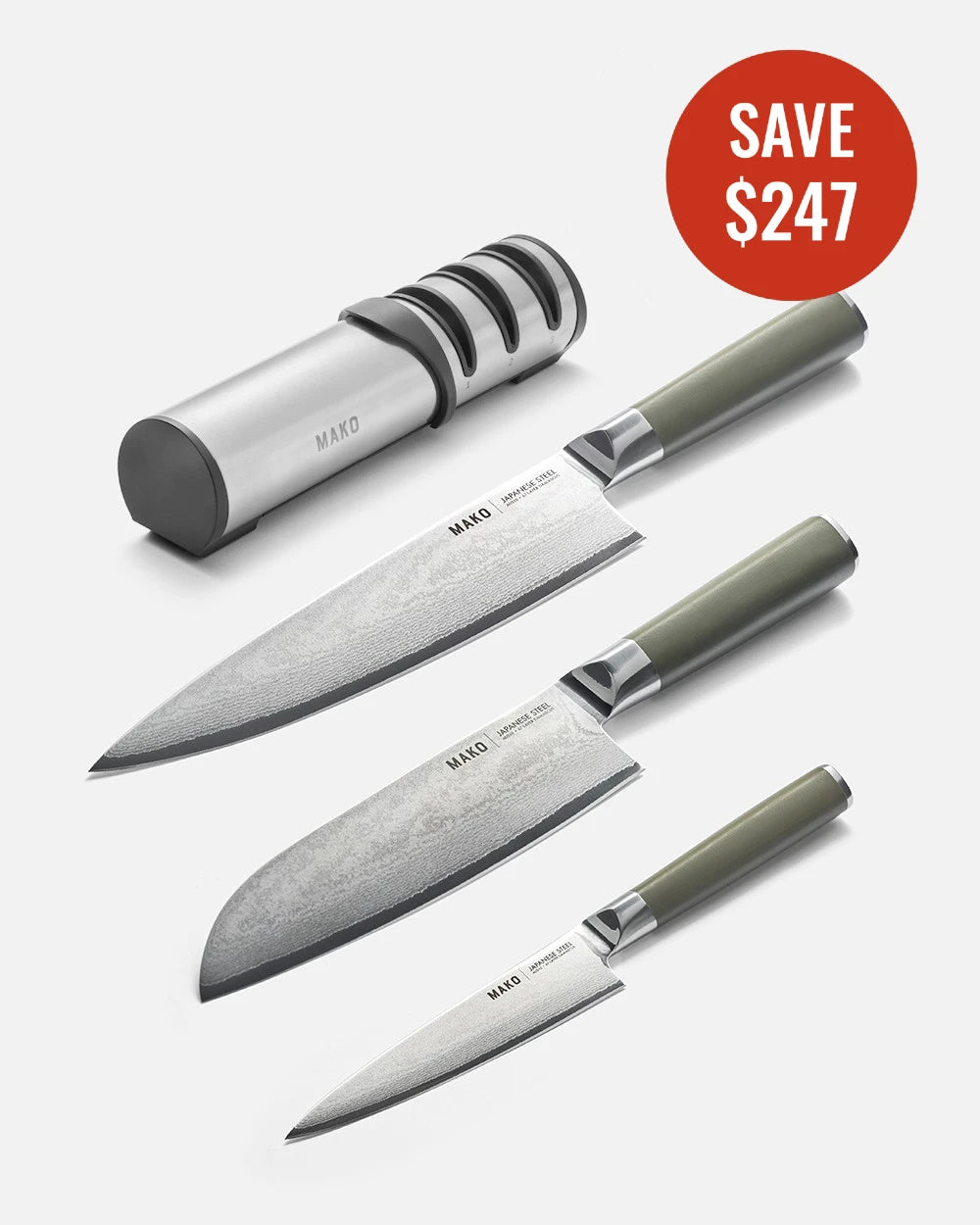 MAKO Japanese Steel Knife & Sharpener Set - Olive Green CookDineHost