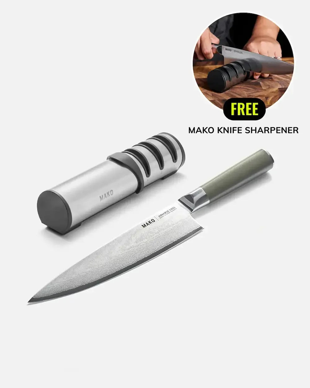 Japanese steel chef knife with olive handle and free MAKO knife sharpener on white background.