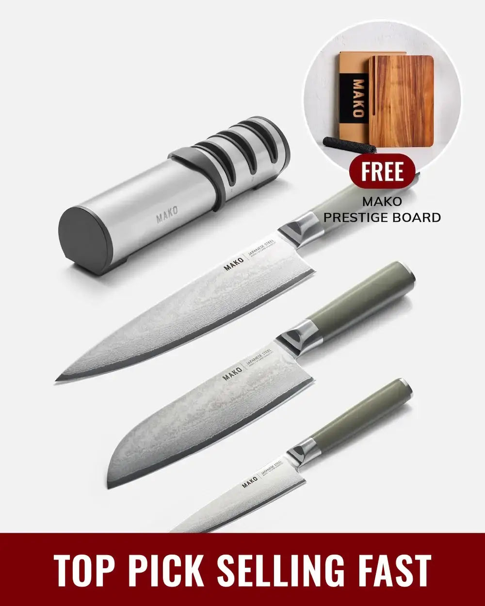 MAKO - Japanese Steel Knife Set with FREE Prestige Chopping Board Olive