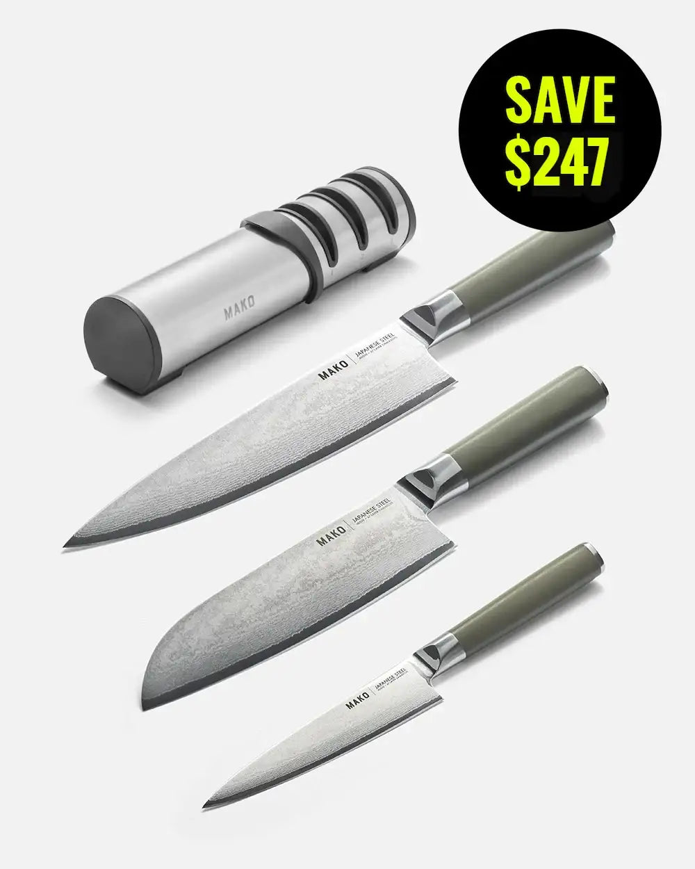 Japanese steel kitchen knife set with olive handles and sharpener, save $247 offer