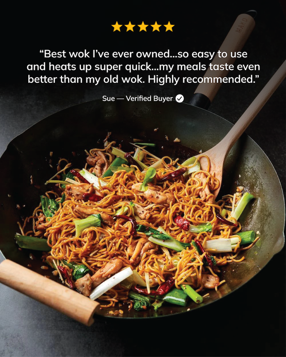 MAKO Wok Kit review best wok I've ever owned. Heats up super quick. In use noodles and vegetables