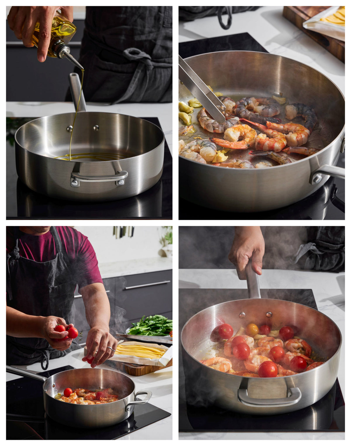 Creamy Garlic Prawn Pappardelle CookDineHost Recipe Method Mako Saute pan in stovetop garlic prawns tomato