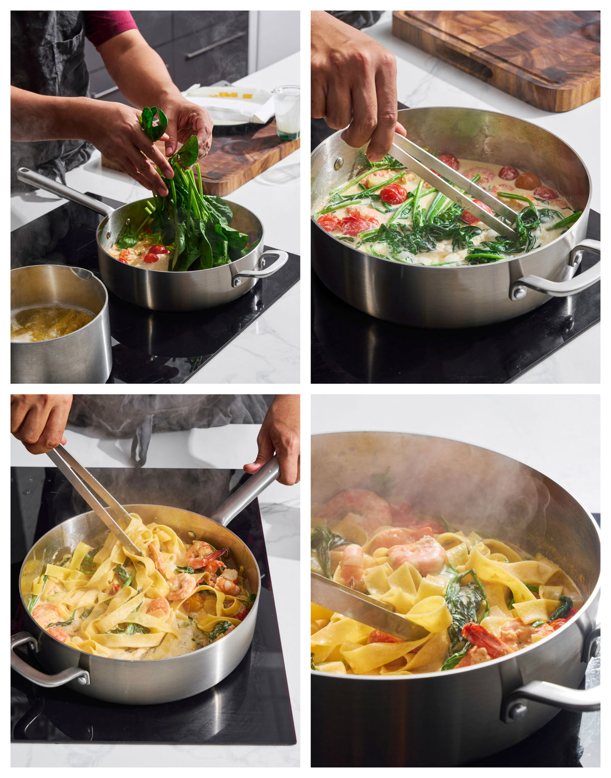 Creamy Garlic Prawn Pappardelle CookDineHost Recipe Method add spinach add pasta and coat