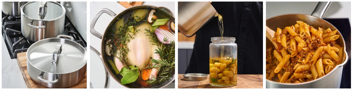 Collage of a roast chicken tray and MAKO cookware