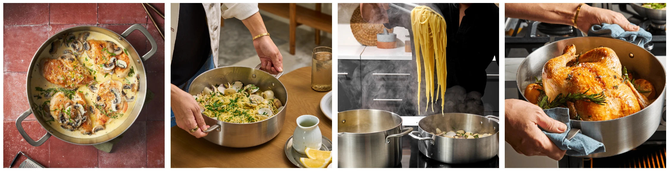 Collage of MAKO Essential Pan details and finished dishes