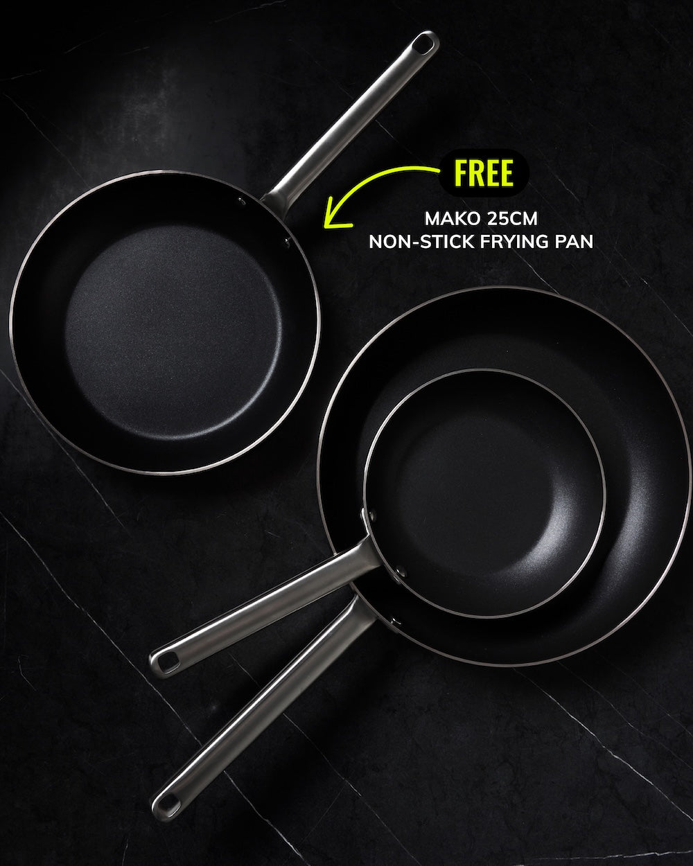 Two black non-stick frying pans with silver handles on black background, 25cm and 20cm sizes