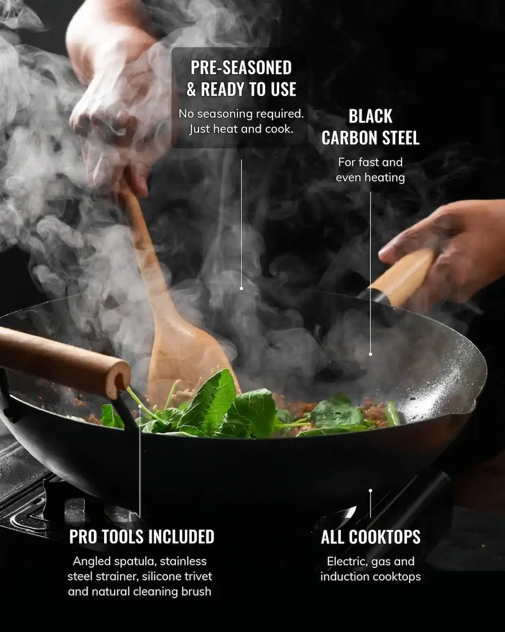 Hands cooking greens in a steaming black carbon steel wok with wooden spatula, pre-seasoned and ready to use