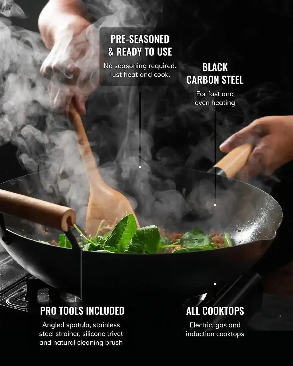 Person stir-frying vegetables in a hot black carbon steel wok with steam, on stovetop.
