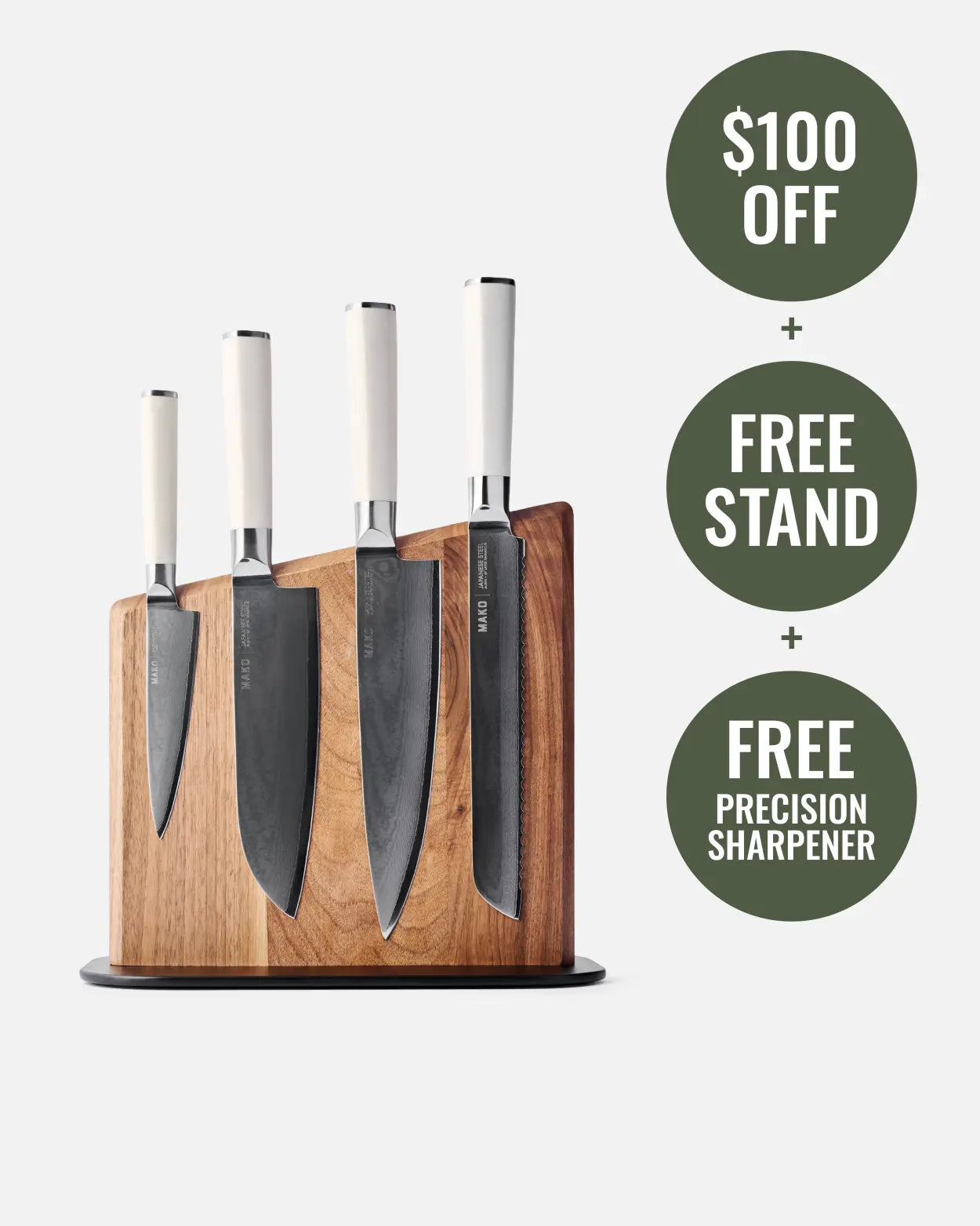 MAKO Japanese Steel Knife Set of 4 - Cream Magnetic Stand white background knives on magnetic block