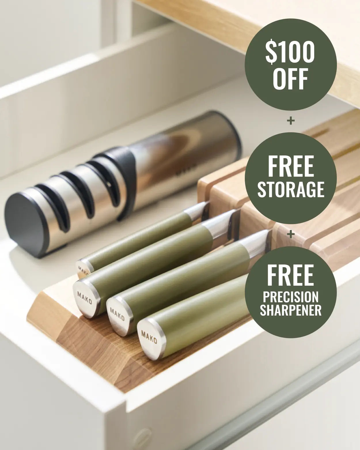 MAKO Japanese Steel Knife Set of 4 - Olive Green In Drawer with sharpener next to it
