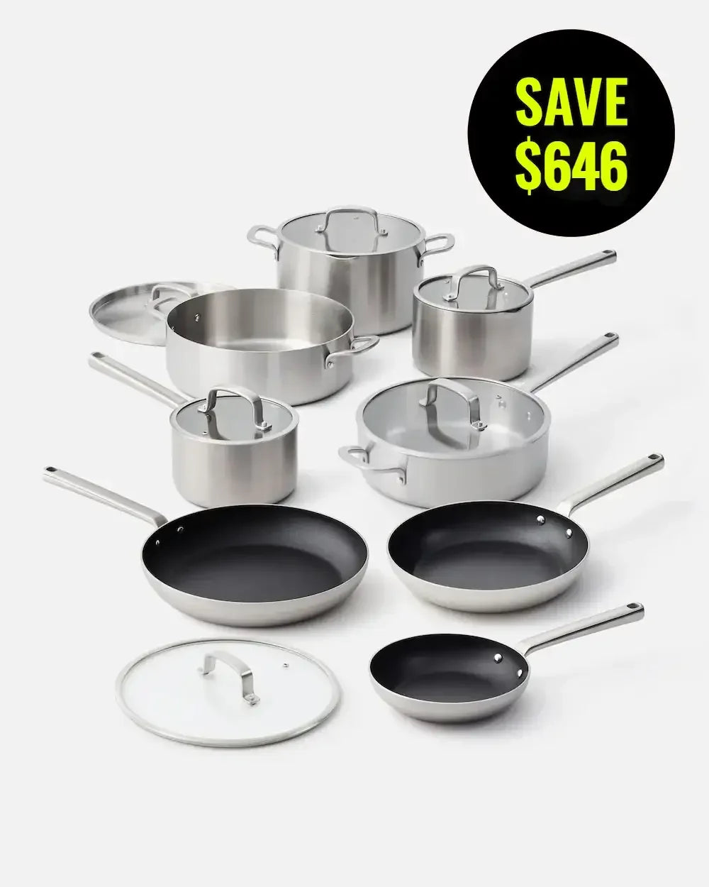 Nine-piece stainless steel cookware set with lids and frying pans, save $646 offer