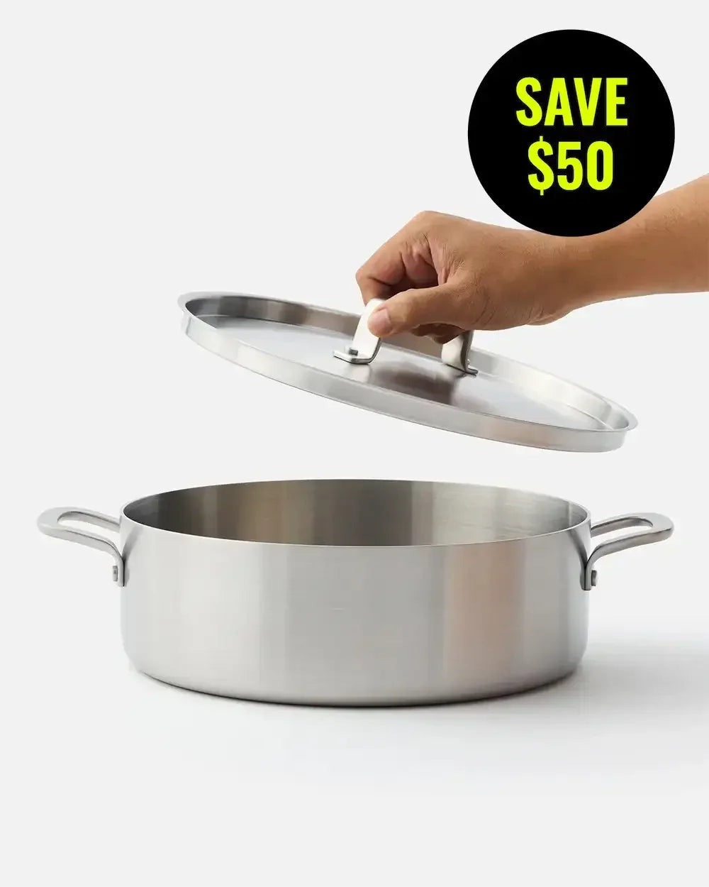 Stainless steel 5-ply 28cm essential pan with lid, hand lifting the lid, save $50 offer.