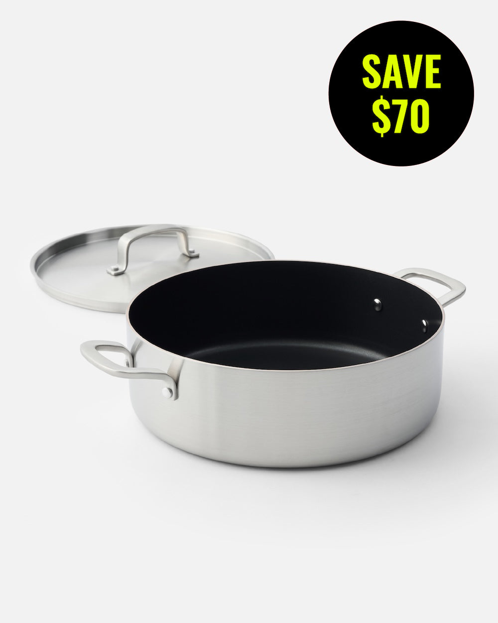 Stainless steel non-stick pan with lid, wide handles, and save $70 promotion