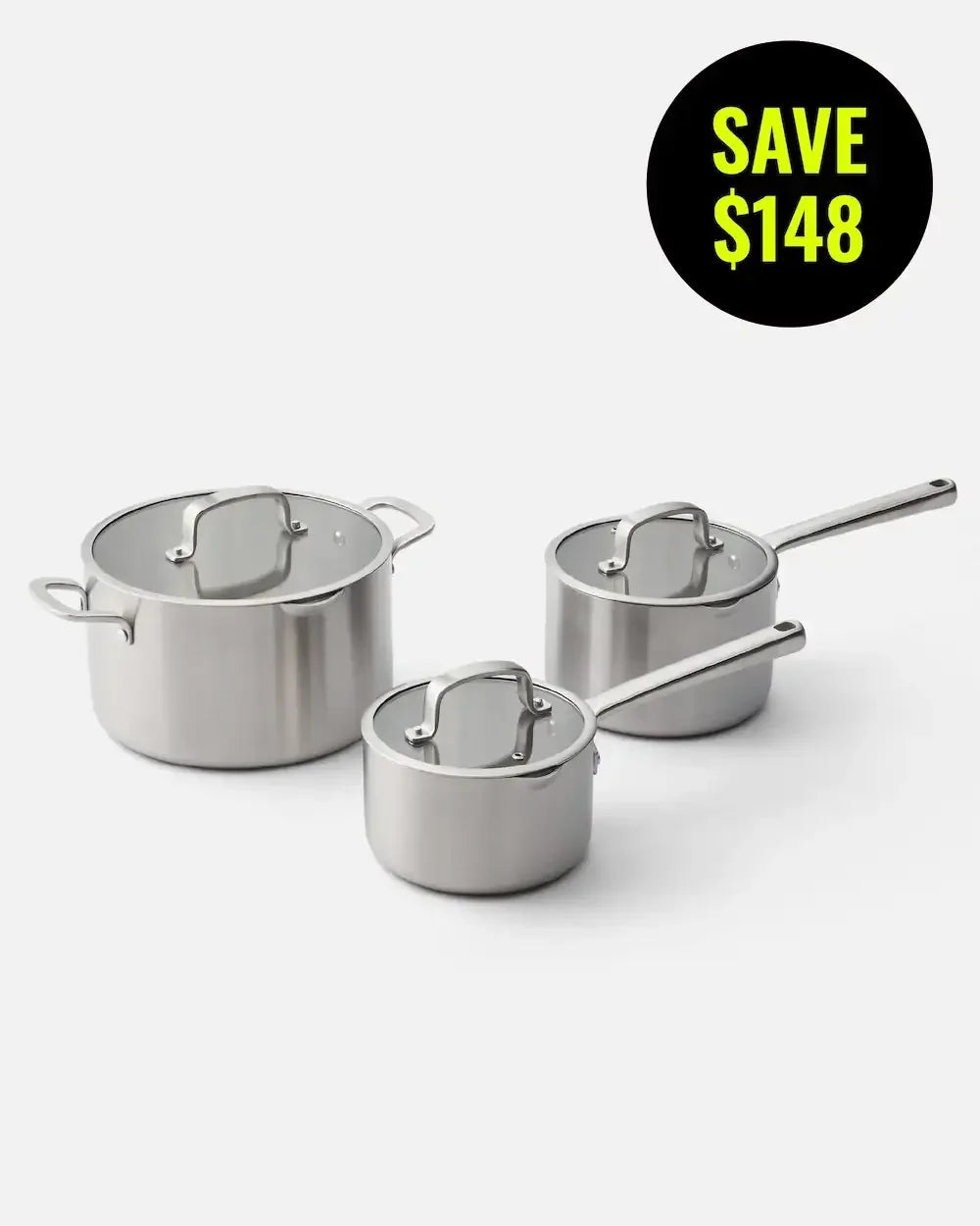 Three-piece stainless steel saucepan set with lids, Save $148 promotion