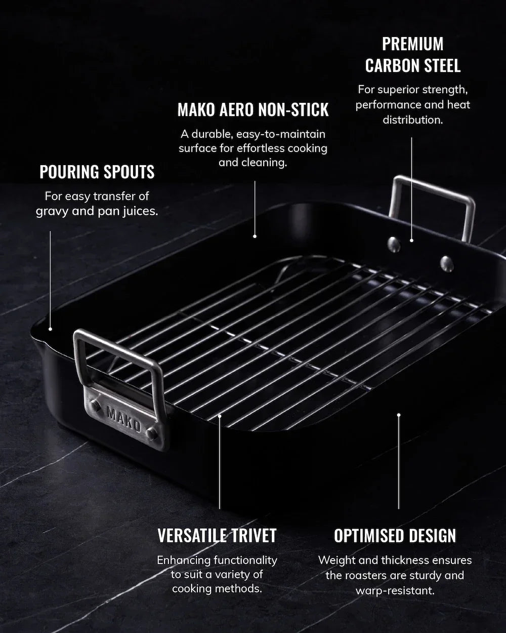 Mako Aero non-stick carbon steel roasting pan with pouring spouts, versatile trivet, and optimized design