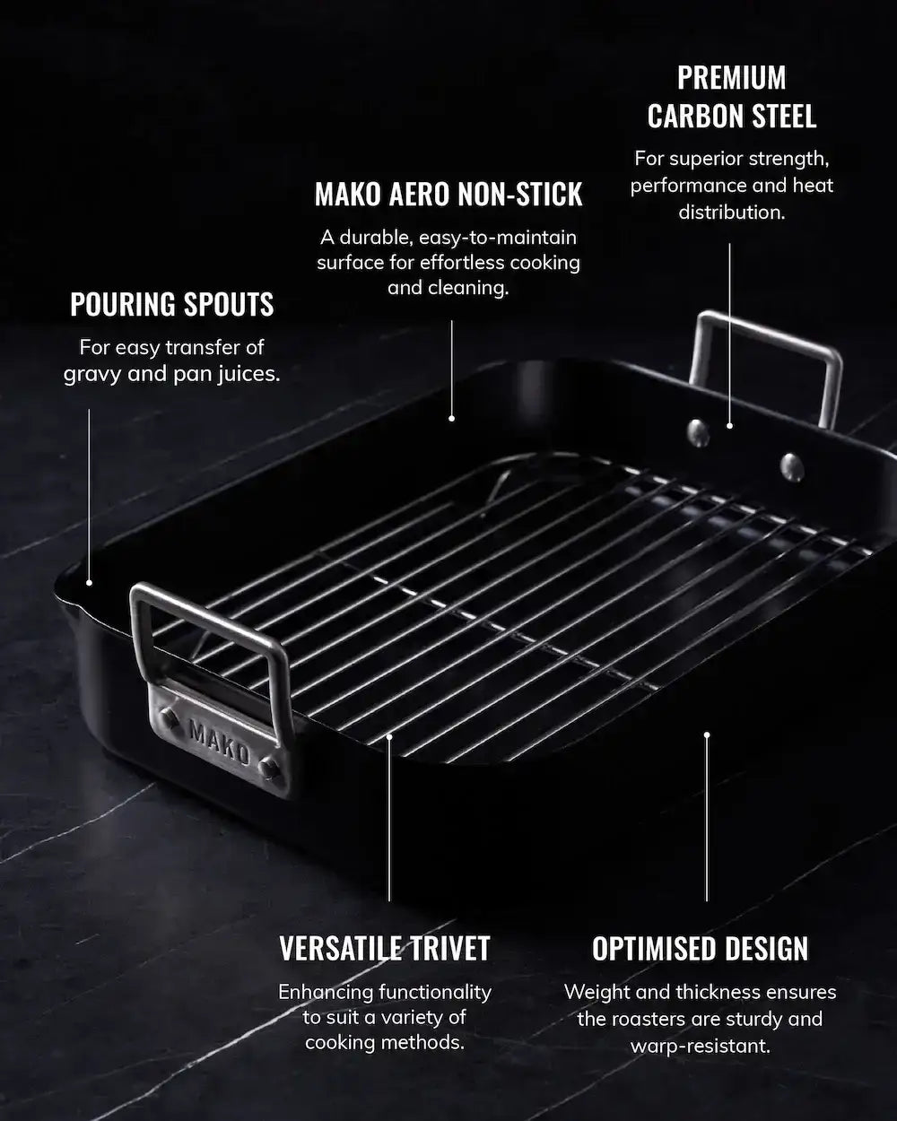 Mako Aero non-stick carbon steel roasting pan with pouring spouts, versatile trivet, and optimized design
