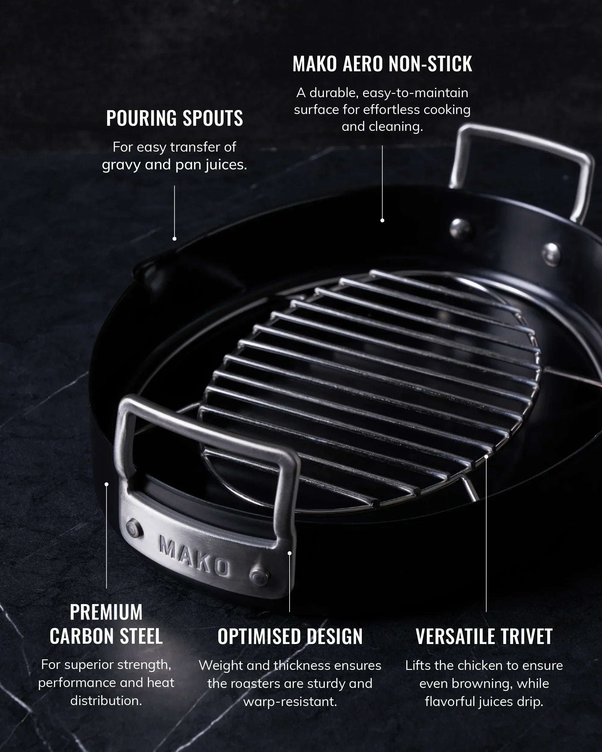 MAKO Aero Non-Stick oval chicken roaster with pouring spouts, carbon steel body, and versatile trivet