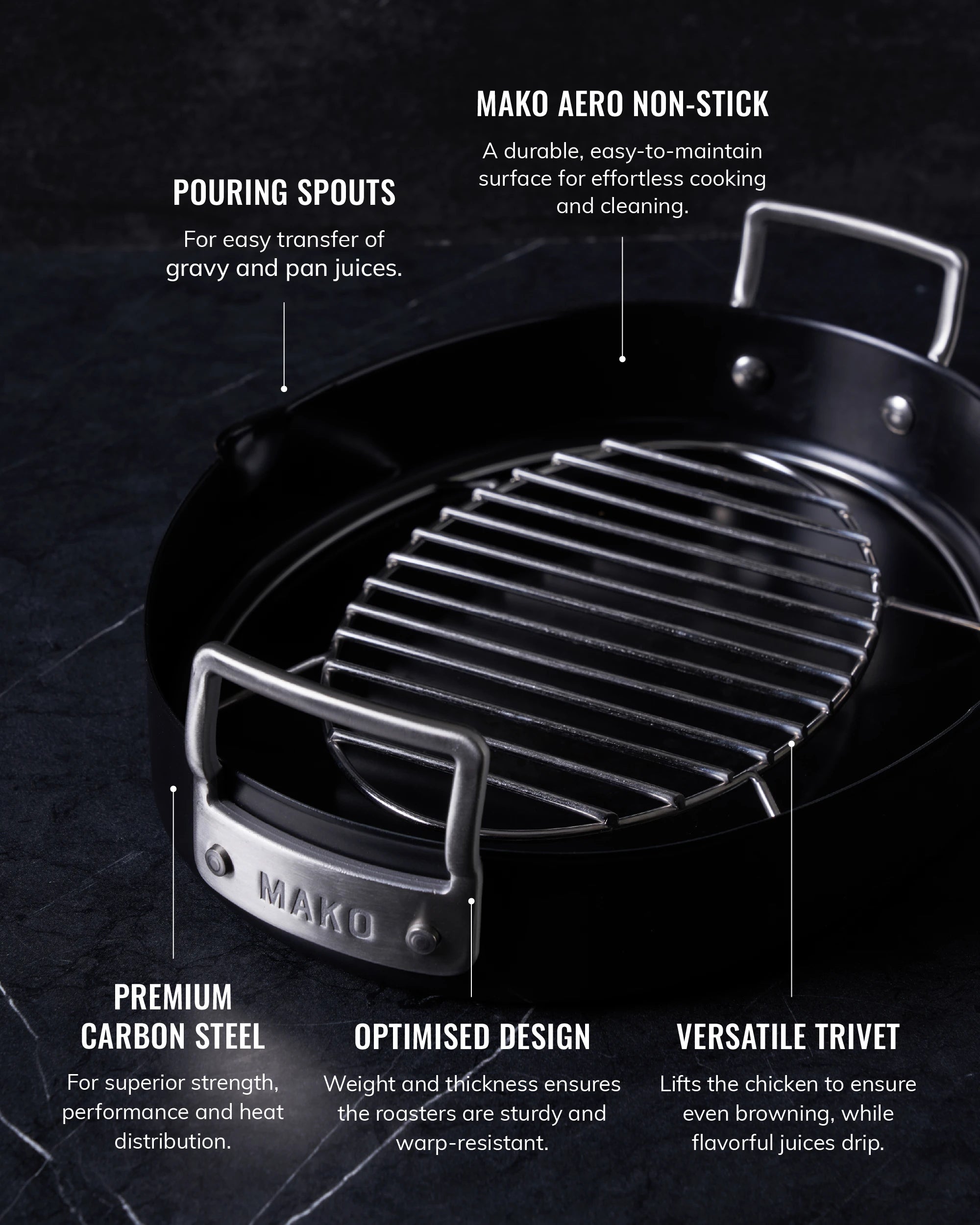 Non-stick oval chicken roaster with pouring spouts, carbon steel build, and versatile trivet.