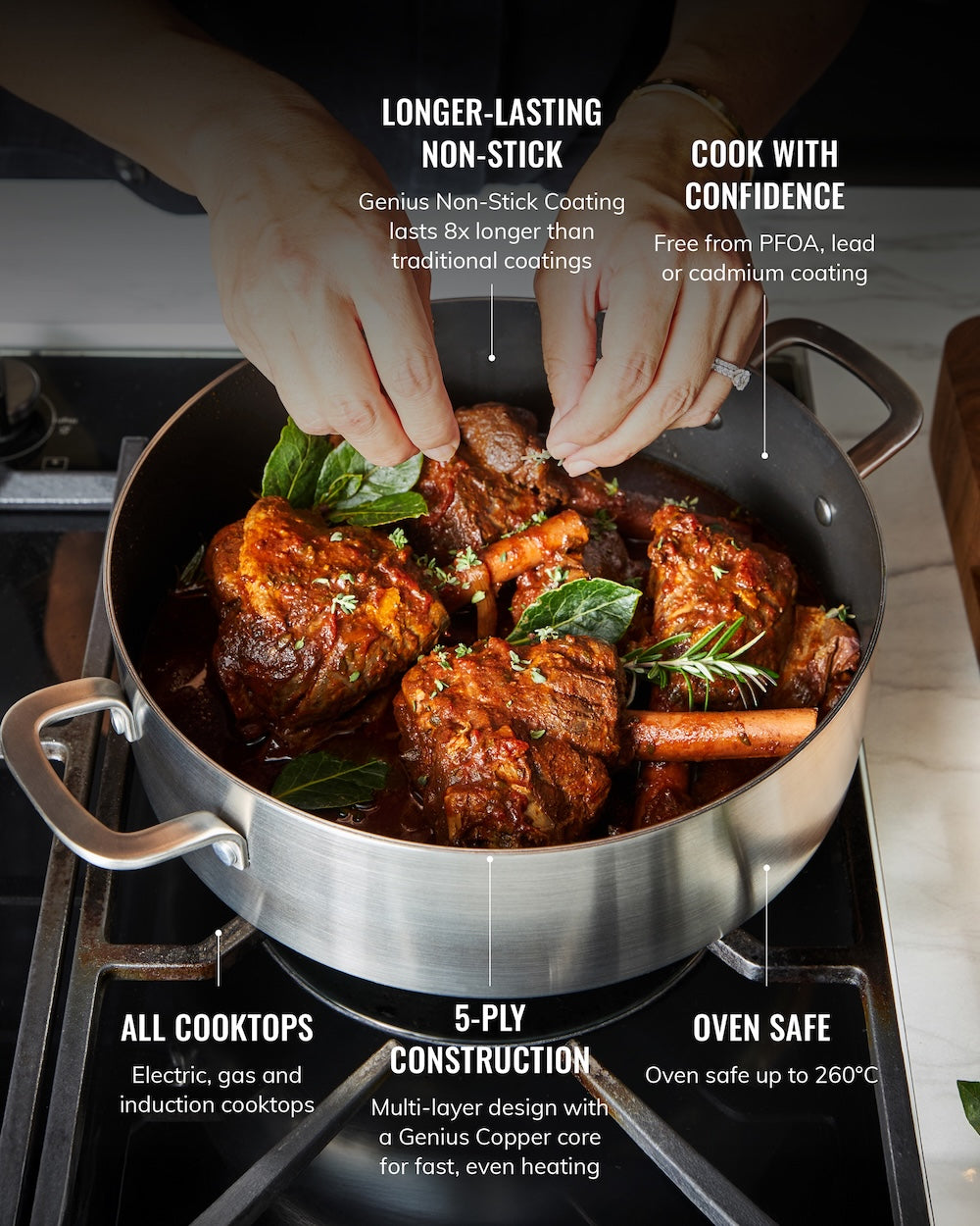 Stainless steel non-stick pan on stovetop with cooked meat, hands garnishing, and product feature text.