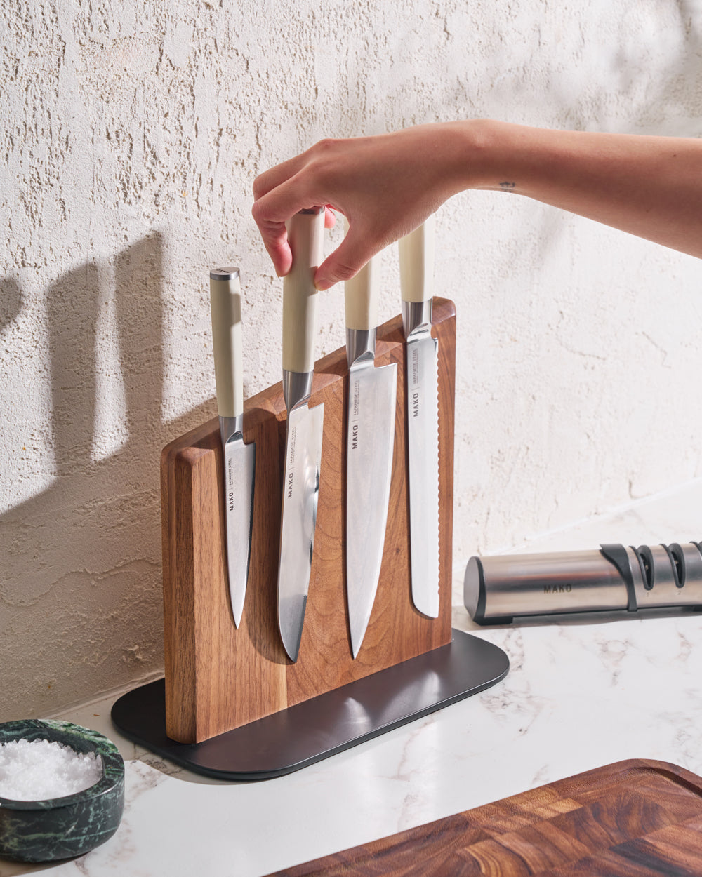 MAKO Magnetic Knife Block in use on kitchen bench with chopping board, salt and sharpener