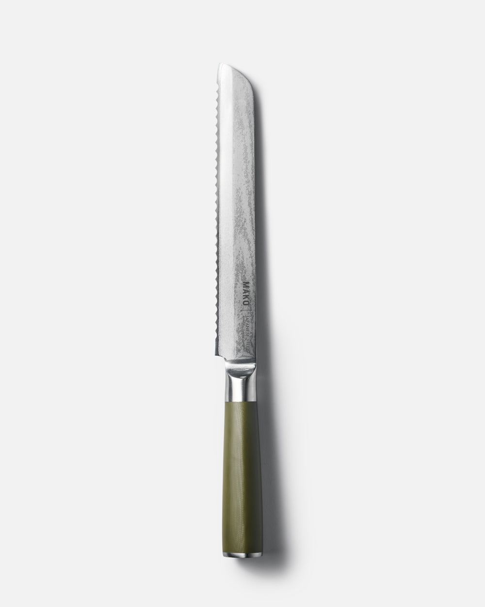 MAKO Japanese Steel Olive Green 8″ Bread Knife vertical alignment tip upwards white background