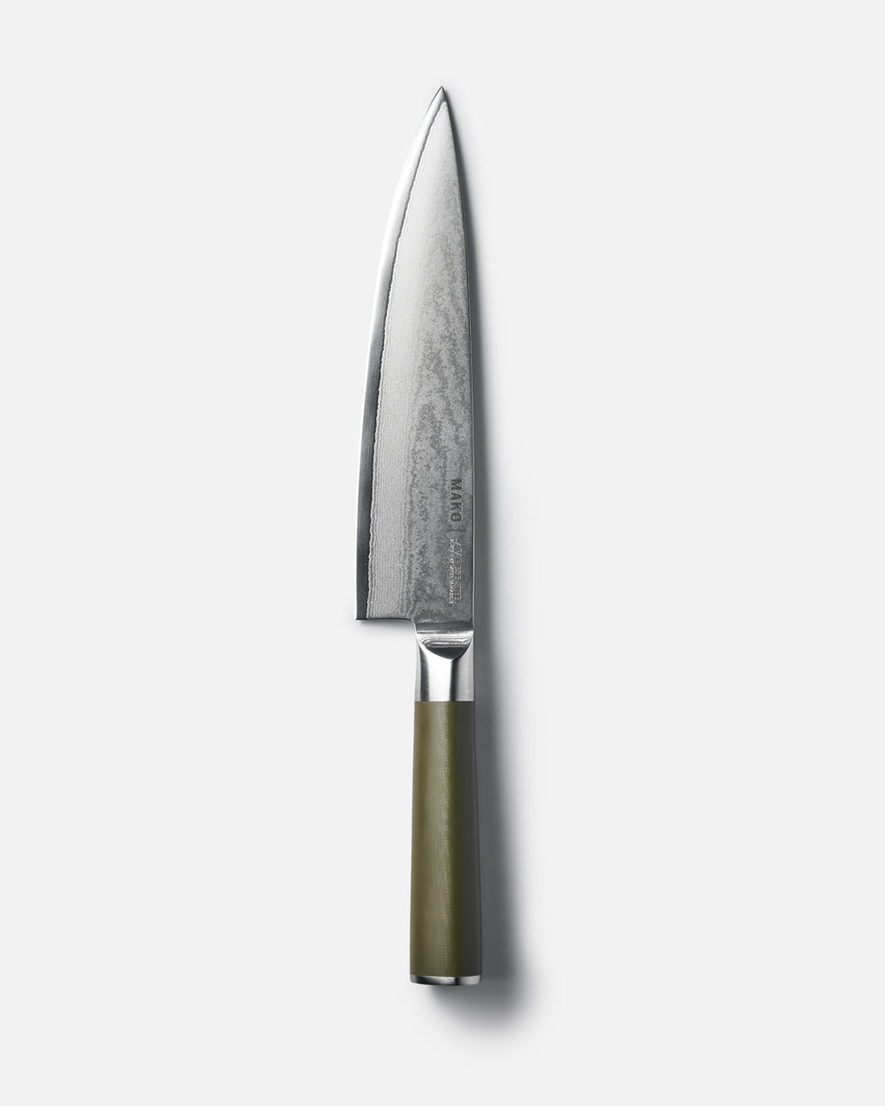 MAKO Japanese Steel Olive Green 8″ Chef Knife on white background upward tip vertical alignment