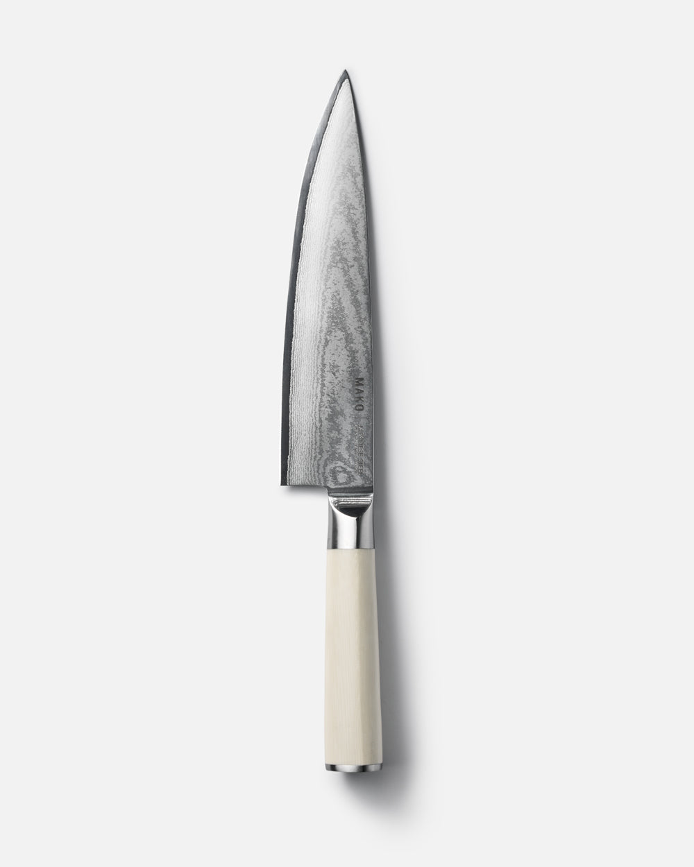 MAKO Japanese Steel Cream 8″ Chef Knife vertical with tip upwards white background