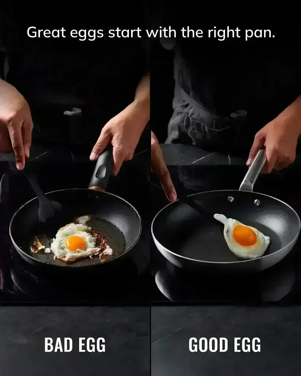 Comparison of non-stick frying pans cooking eggs, showing difference between sticking and smooth release.
