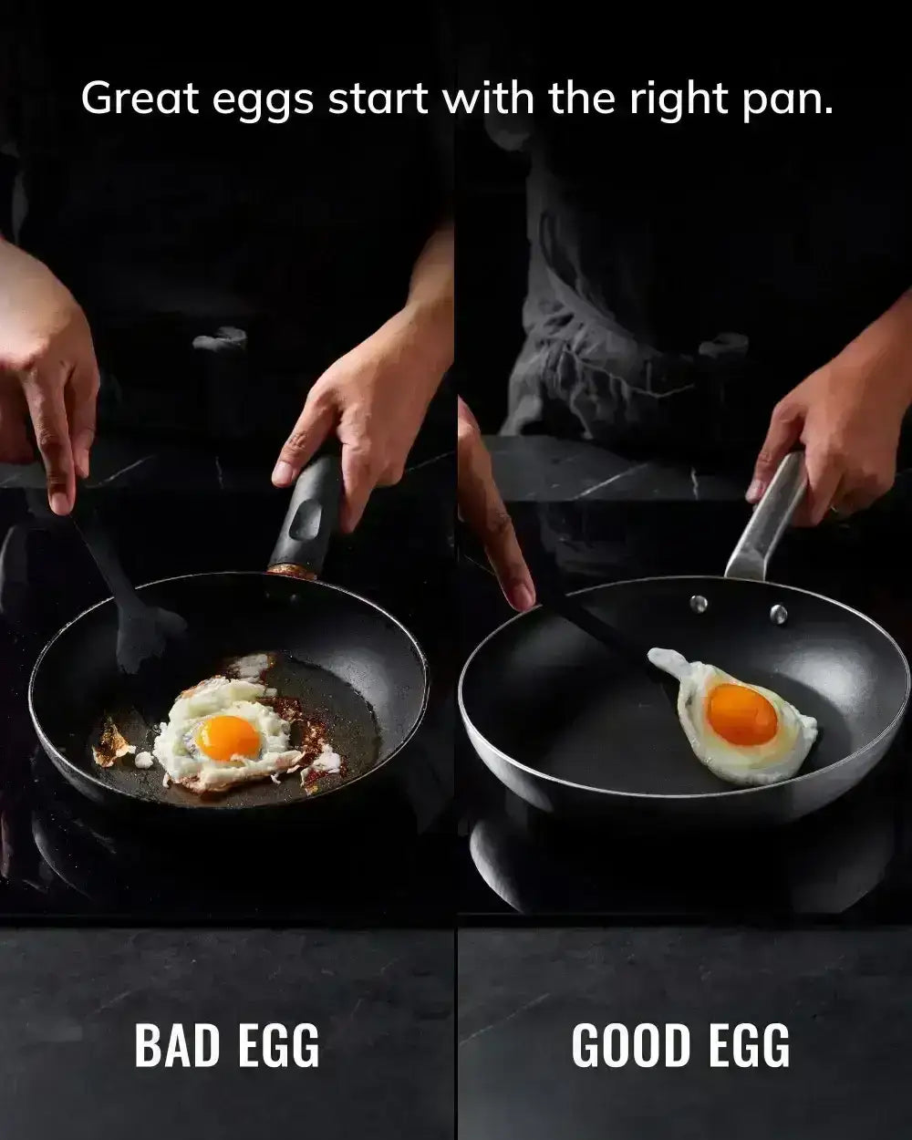 Side-by-side comparison of bad egg cooked in scratched pan and good egg cooked in Marion Grasby Mako non-stick pan