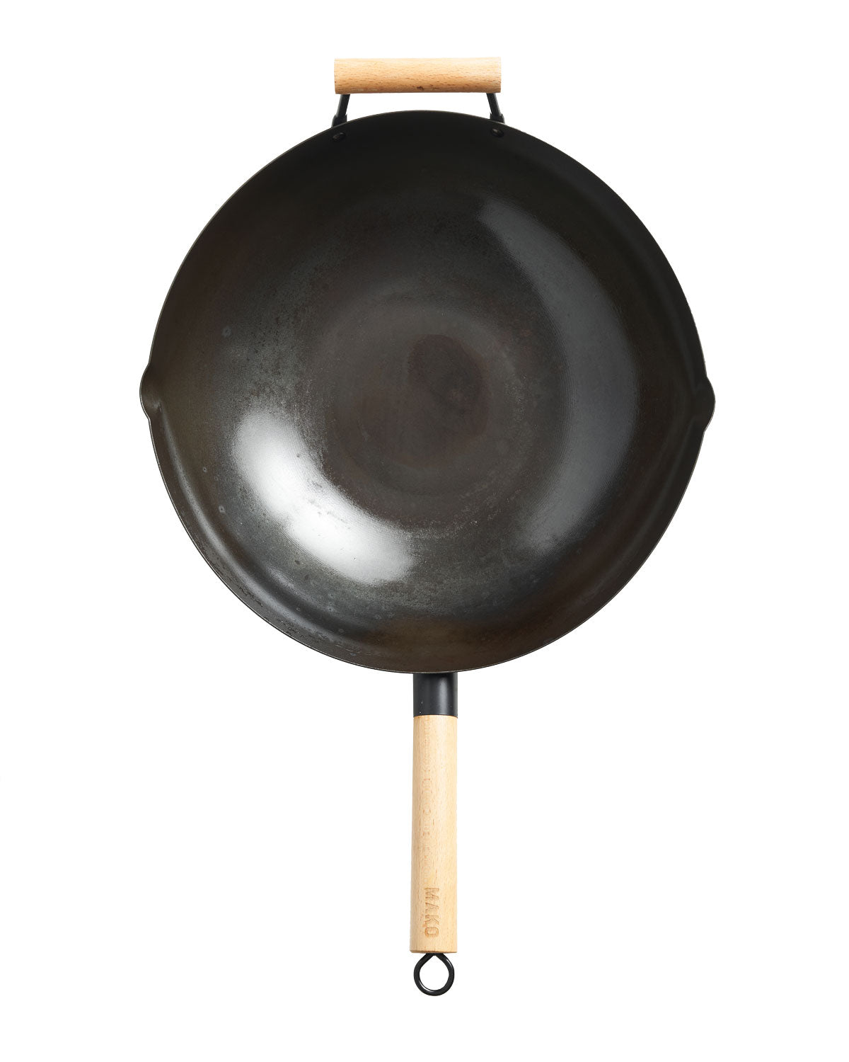 MAKO black steel wok with a wooden handle on a white background