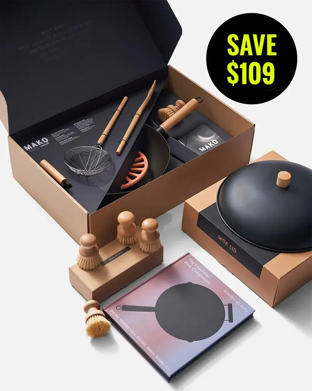 Nonstick wok cookware gift set with utensils, brushes, wok lid, cookbook, and save $109 label