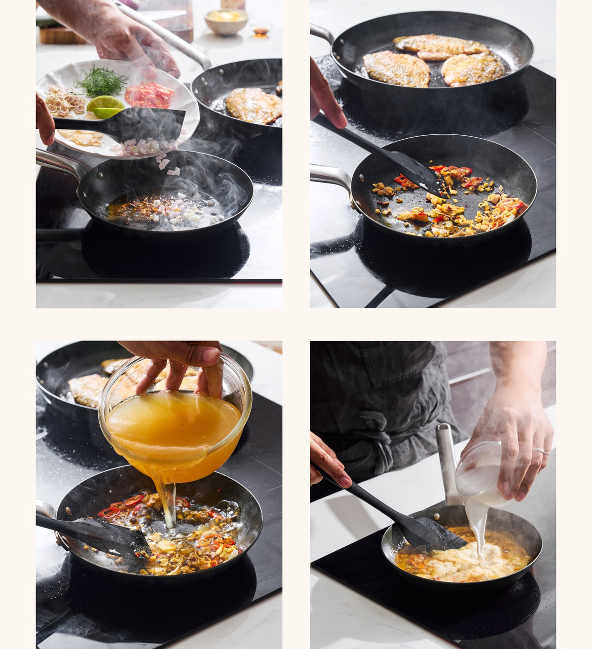 Collage of cooking steps to make the tom yum sauce